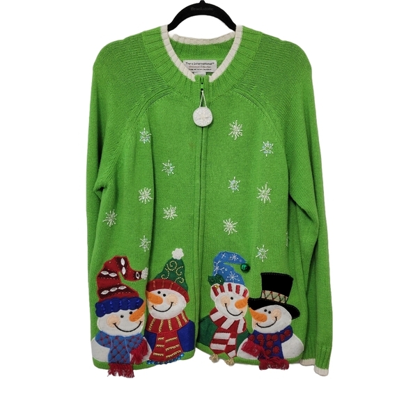 Tiara International Christmas Snowman Sweater Green Beaded Sequins Sz L Jingles! - Picture 1 of 15